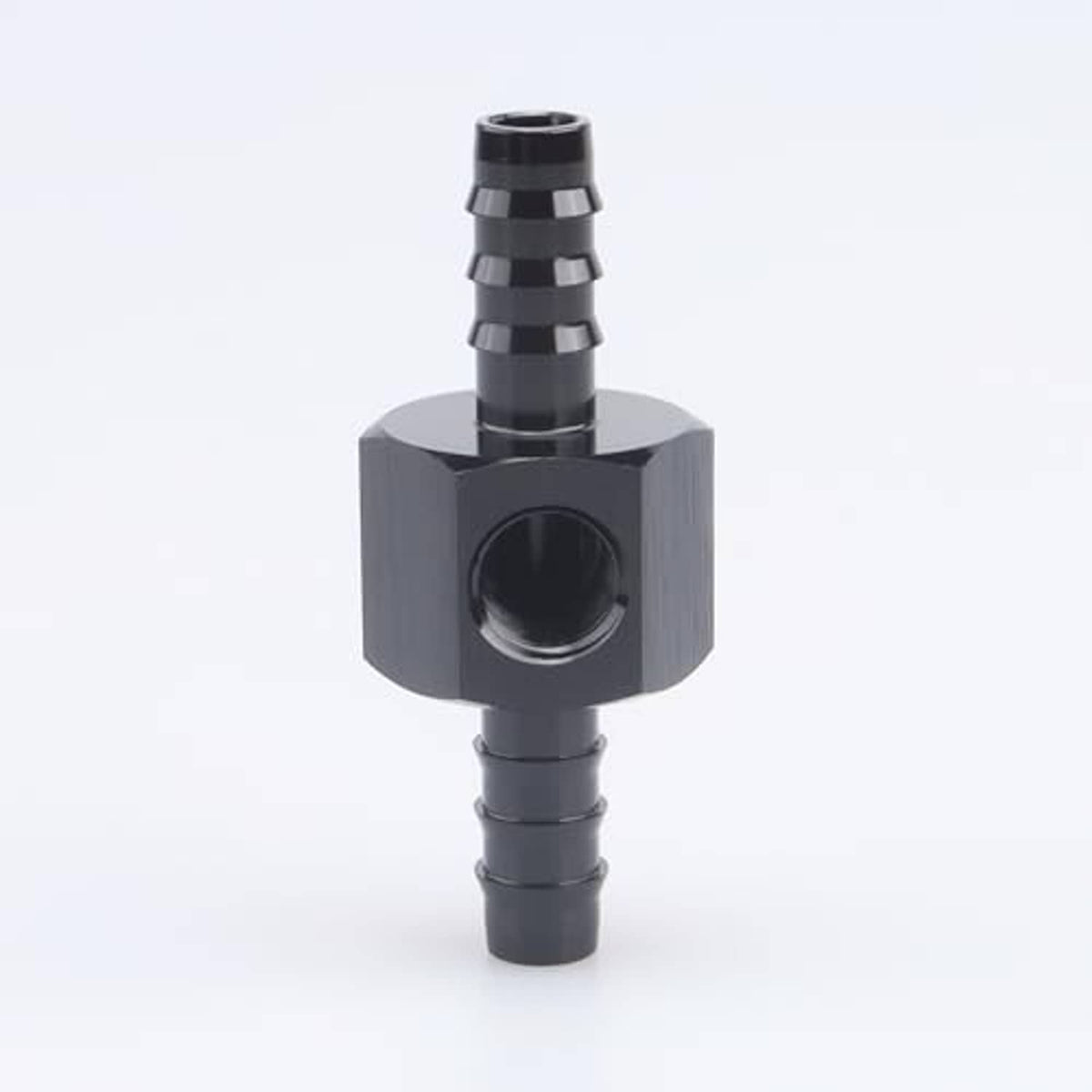 Black metal NPT sensor gauge port adapter fitting with barbed connector stub