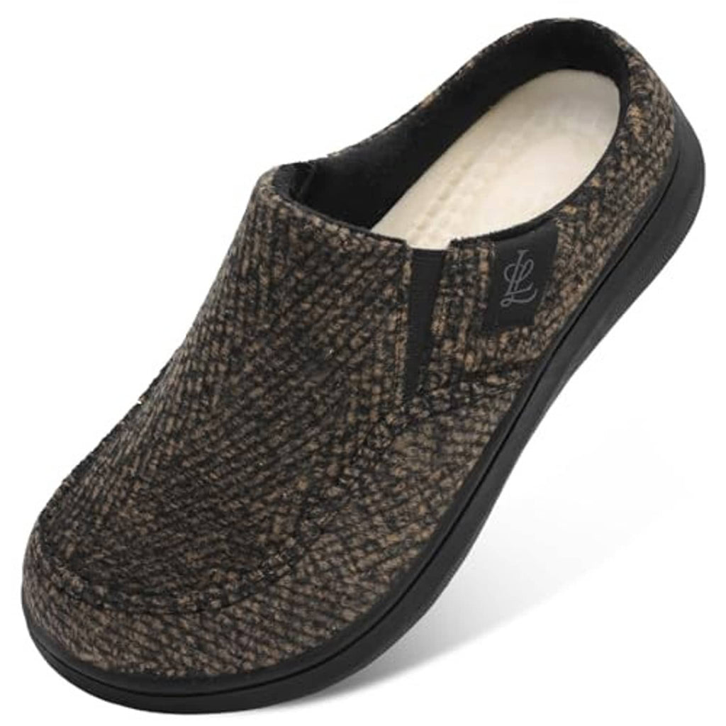 Men’s slip-on moccasin slippers, dark speckled upper with black rubberized sole edge