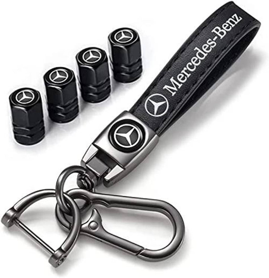 Black Mercedes valve stem caps and black Mercedes-Benz keychain strap with keyring