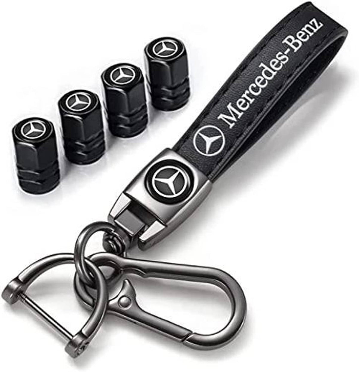 Black Mercedes valve stem caps and black Mercedes-Benz keychain strap with keyring