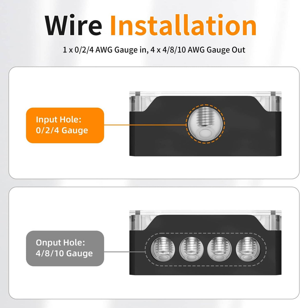 Joinfworld power distribution block face with input hole and four output holes, silver screws