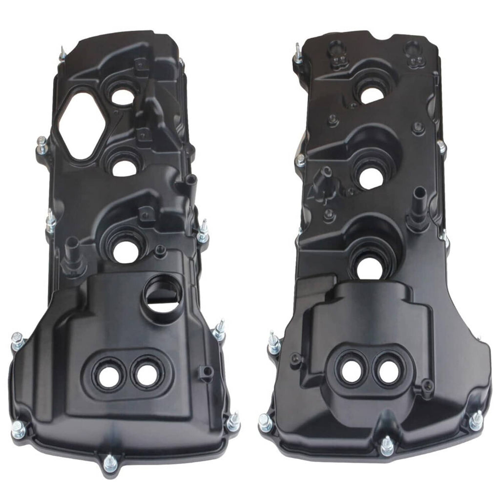 Pair of black valve covers with multiple round ports and mounting hole tabs