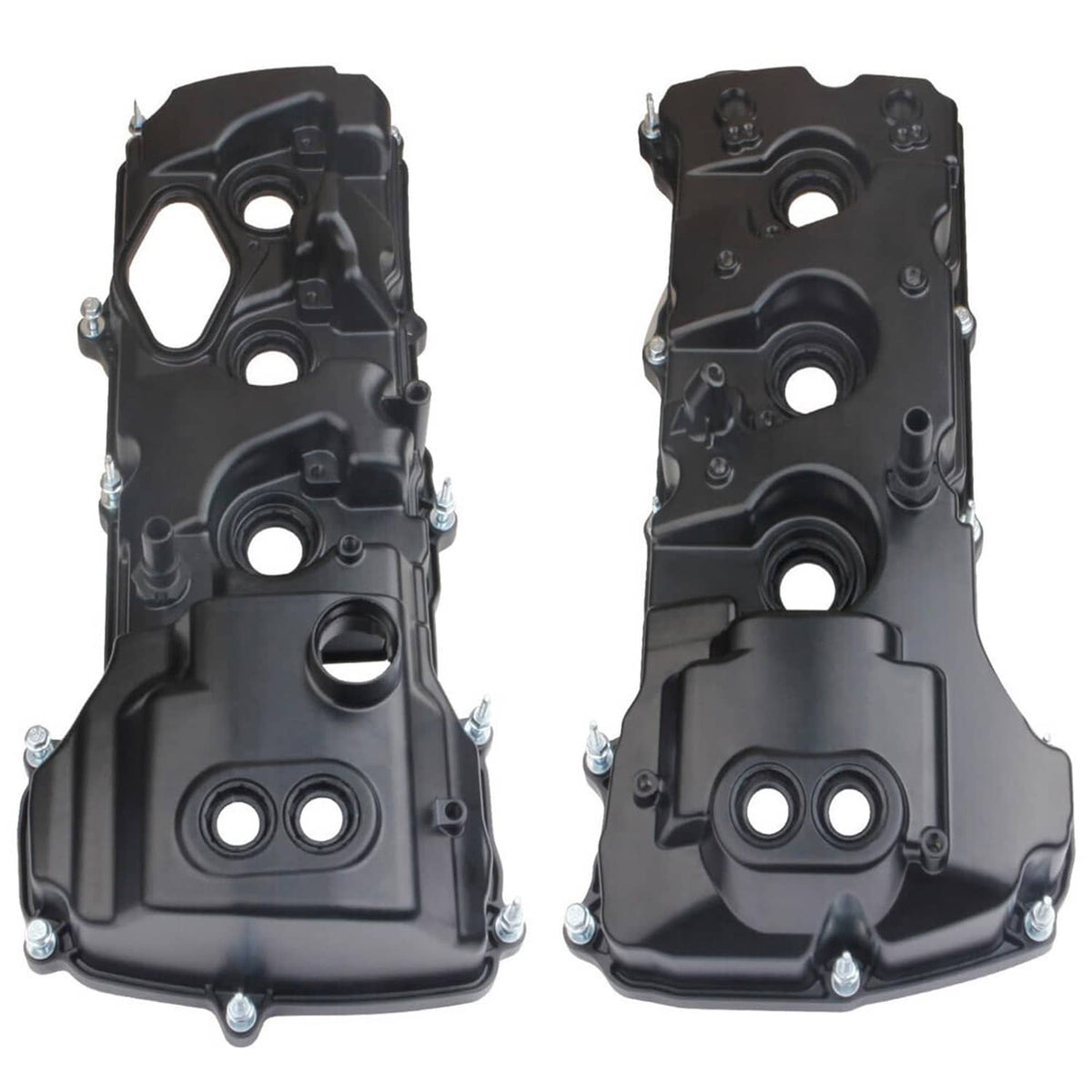 Pair of black valve covers with multiple round ports and mounting hole tabs