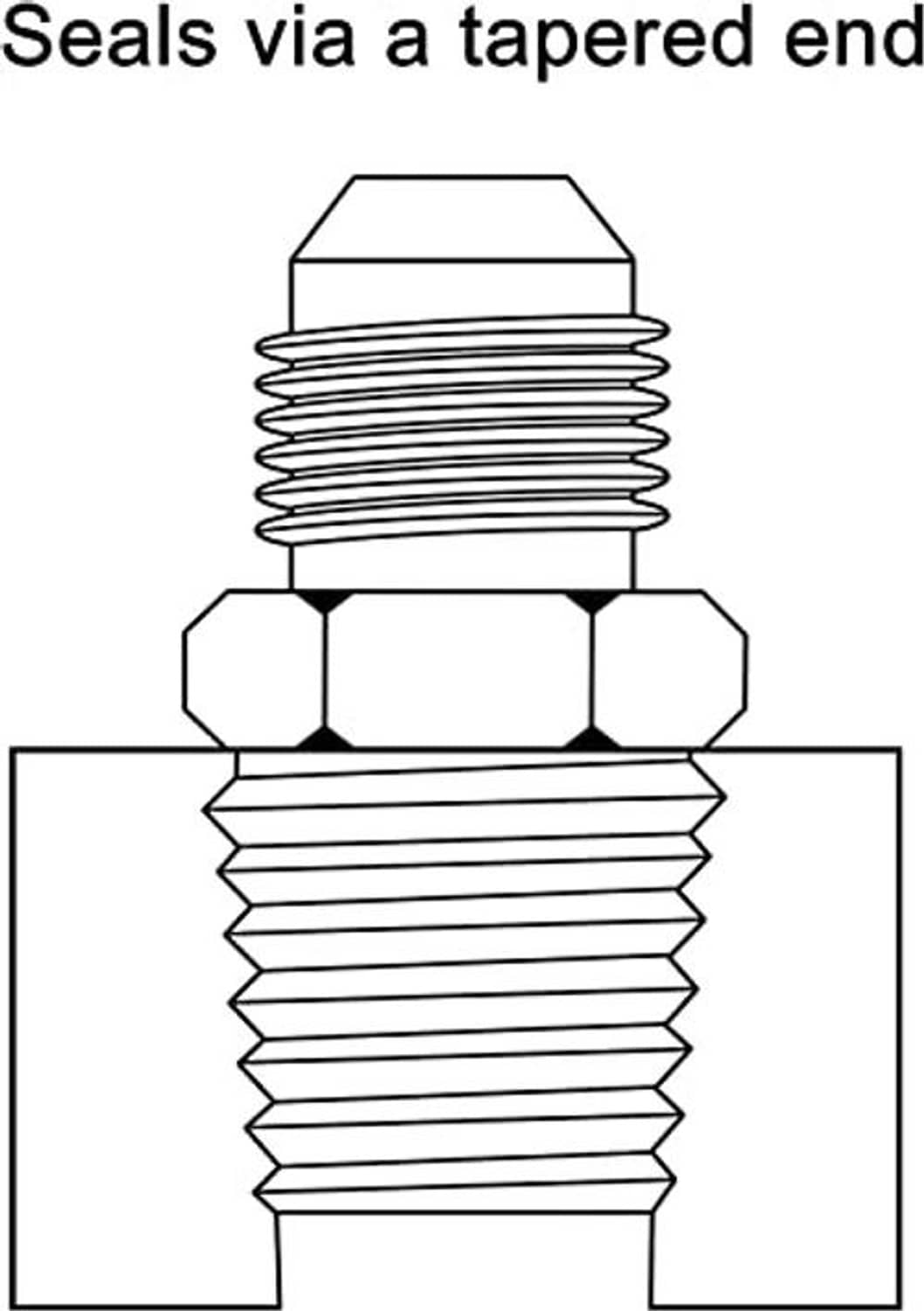 Tapered-seal diagram showing 10AN flare end sealing to 1/2 NPT threads
