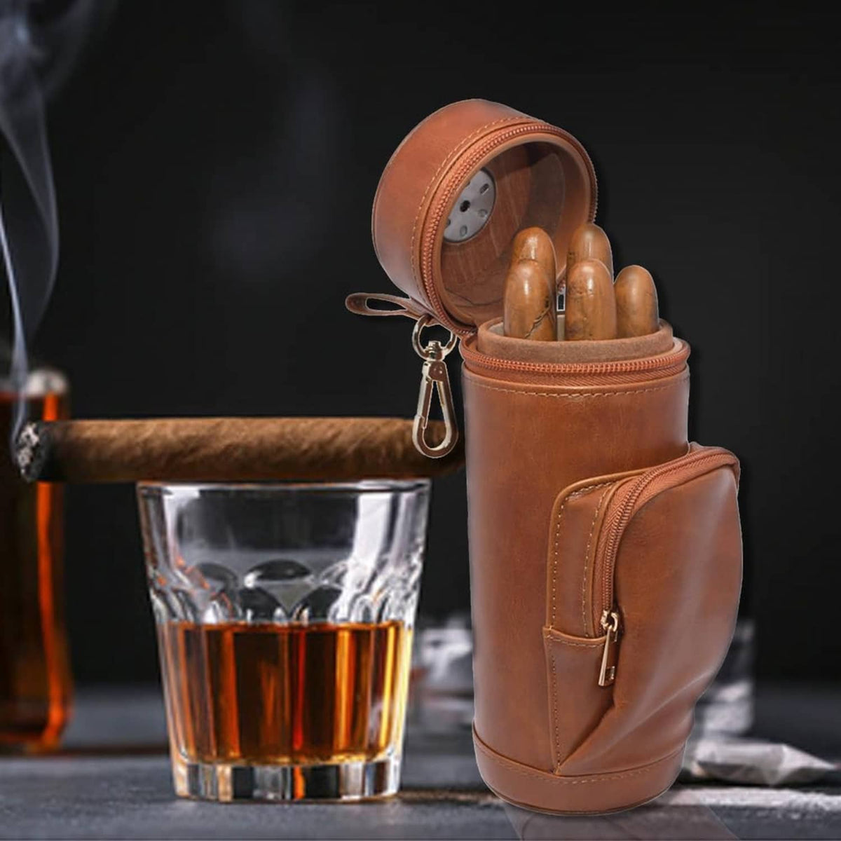 Brown leather portable cigar humidor case with open top and stored cigars