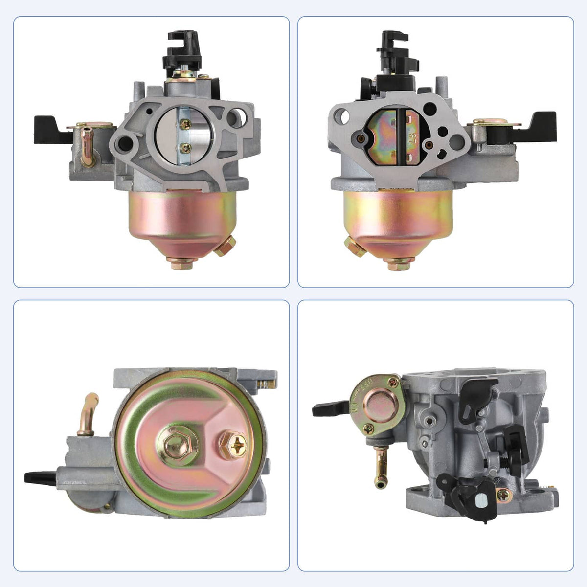Air filter adapter jet kit set shown from multiple angles: carburetor and red cone filter