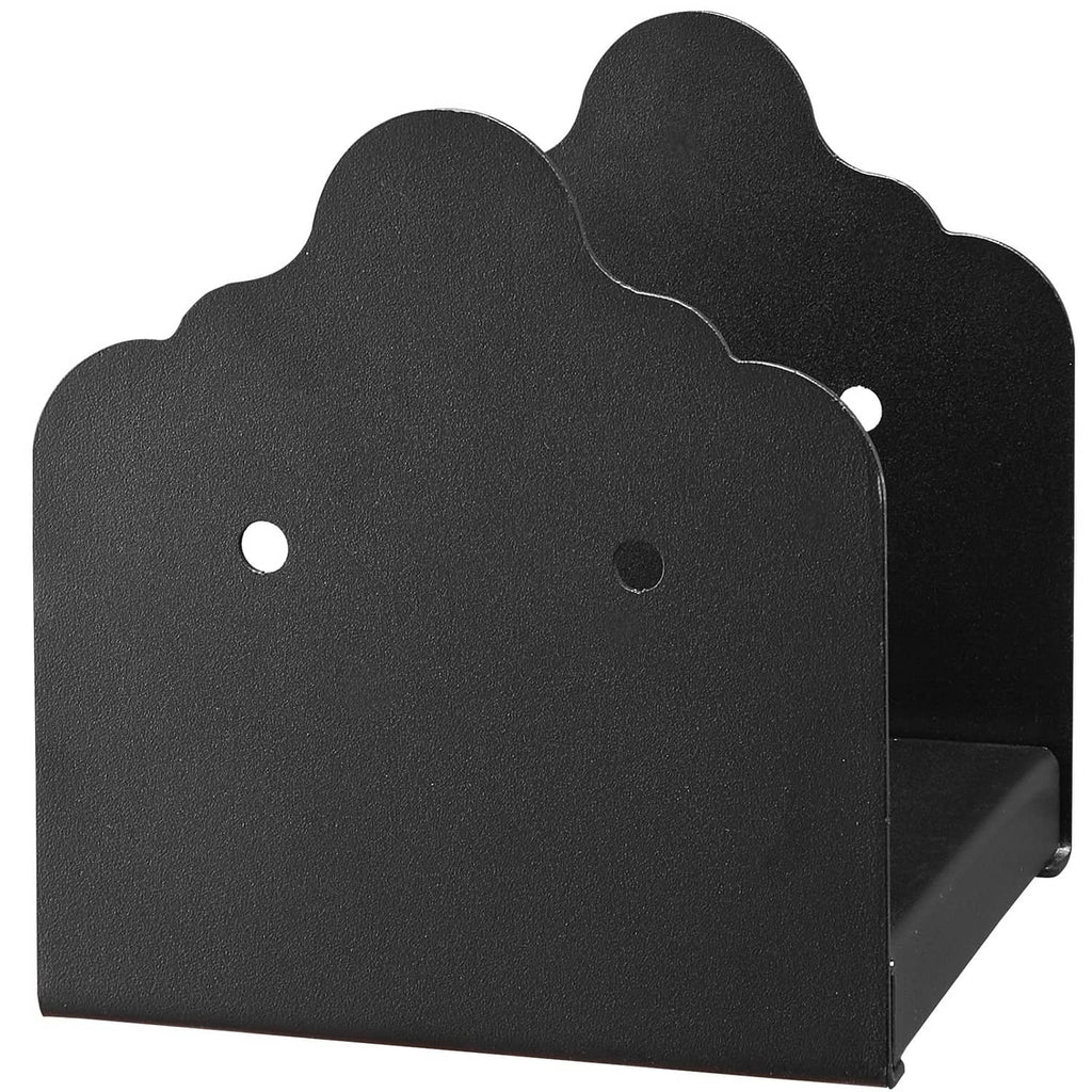 Black fence post base bracket with scalloped top and mounting holes