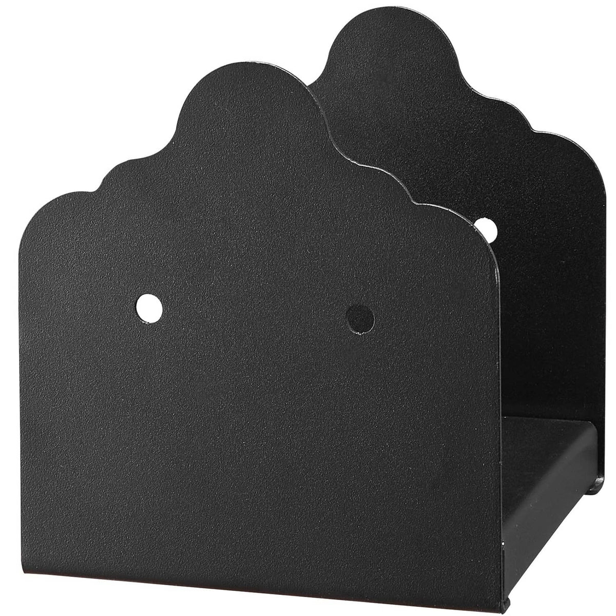 Black fence post base bracket with scalloped top and mounting holes