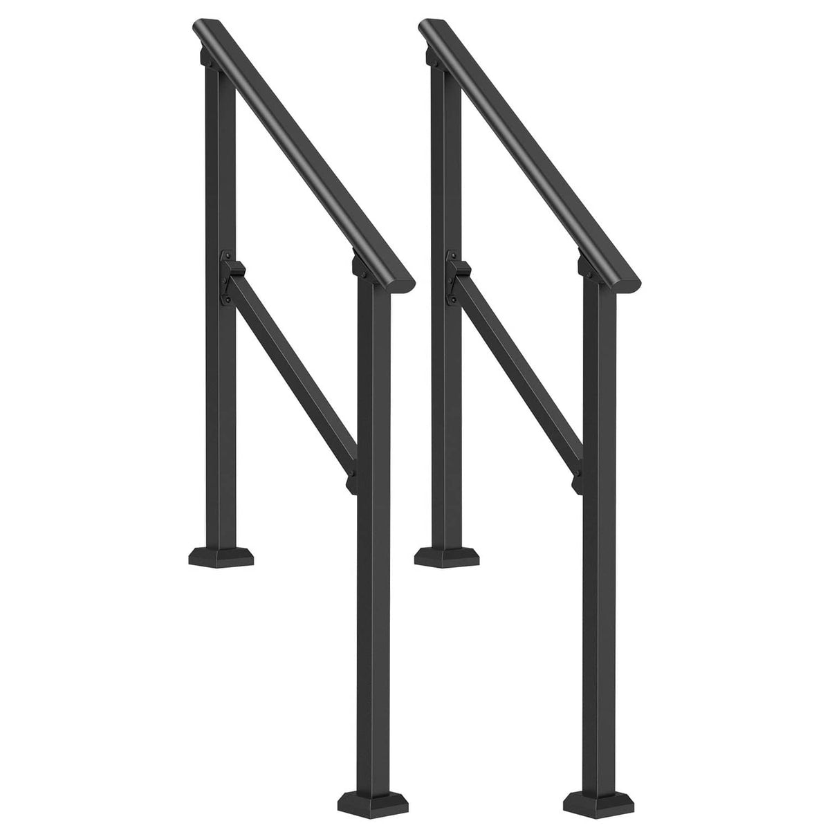 Two black carbon steel stair handrail sets with rounded top rails