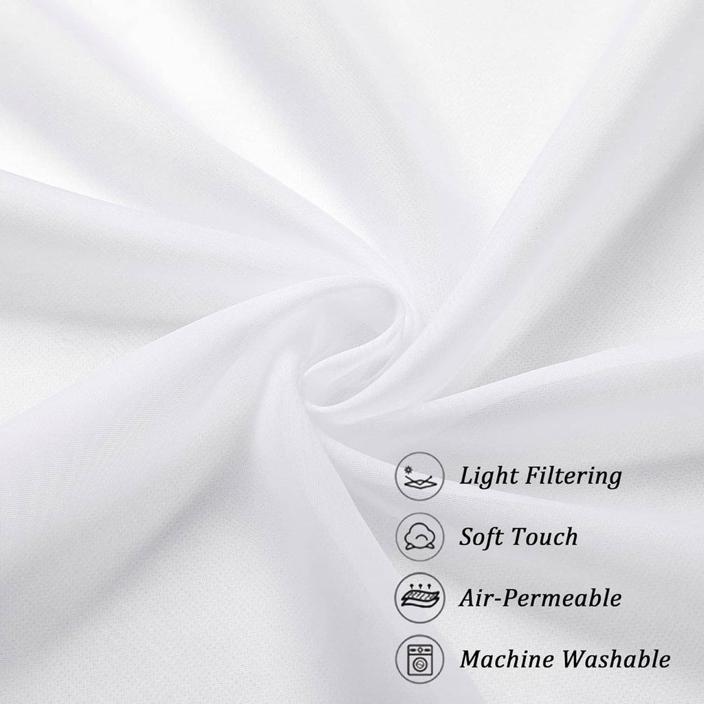 White sheer curtain fabric close-up with lightweight, airy drape texture