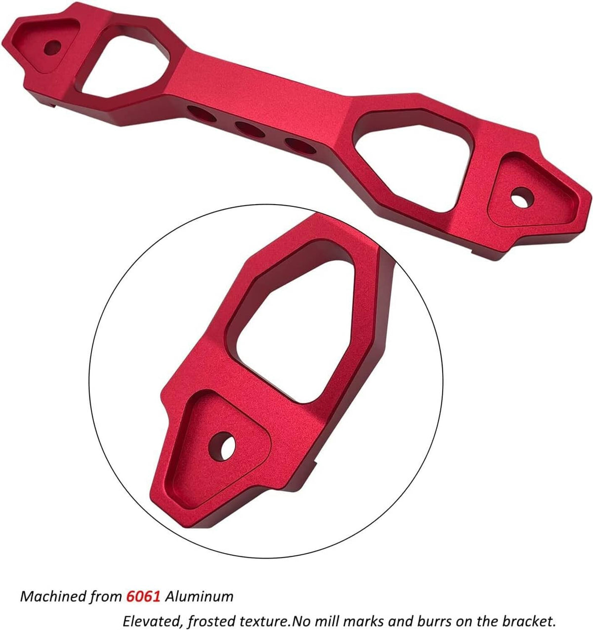 Red aluminum battery tie down mount bracket with rounded cutouts and threaded holes