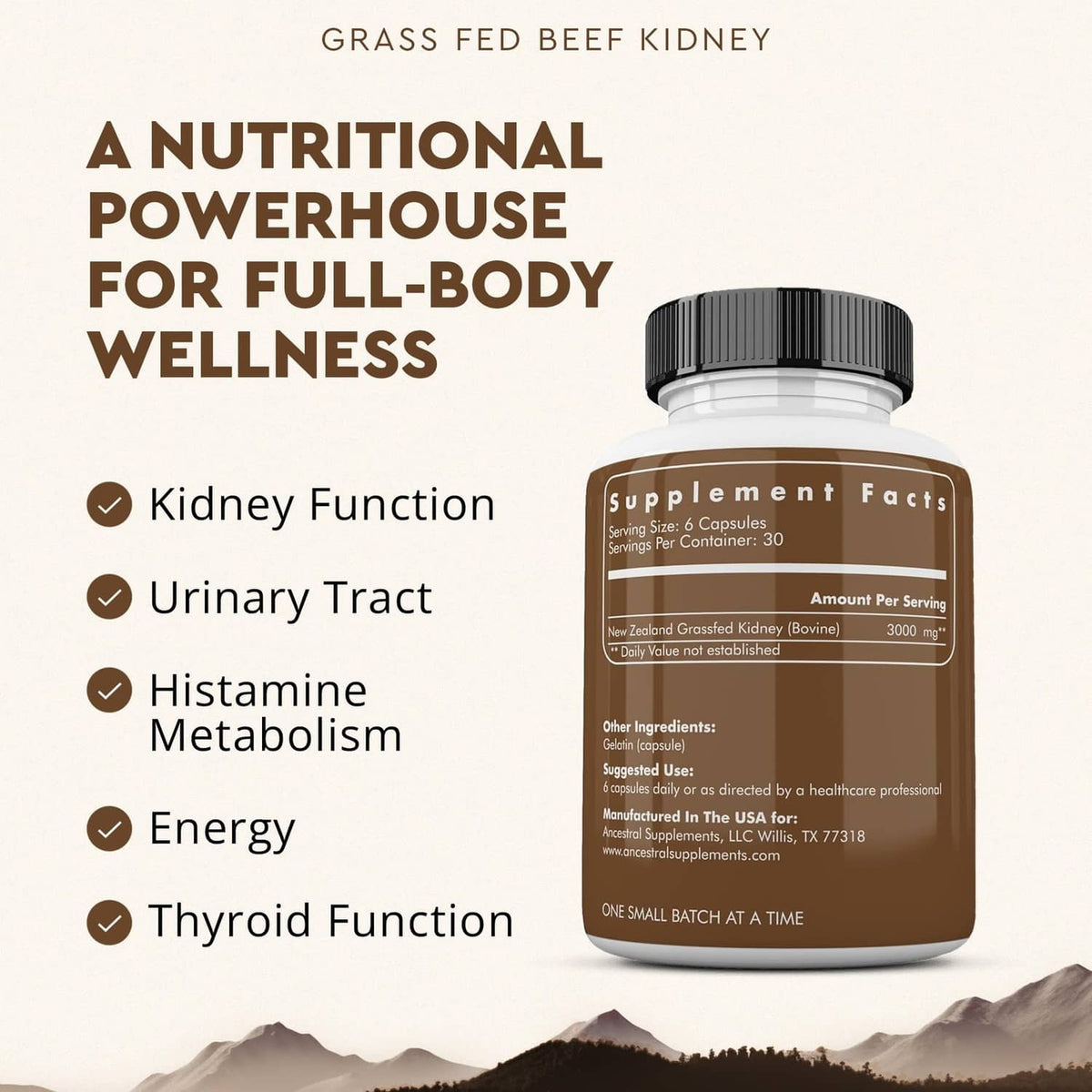 Grass-fed kidney supplement bottle with supplement facts panel and black ribbed cap