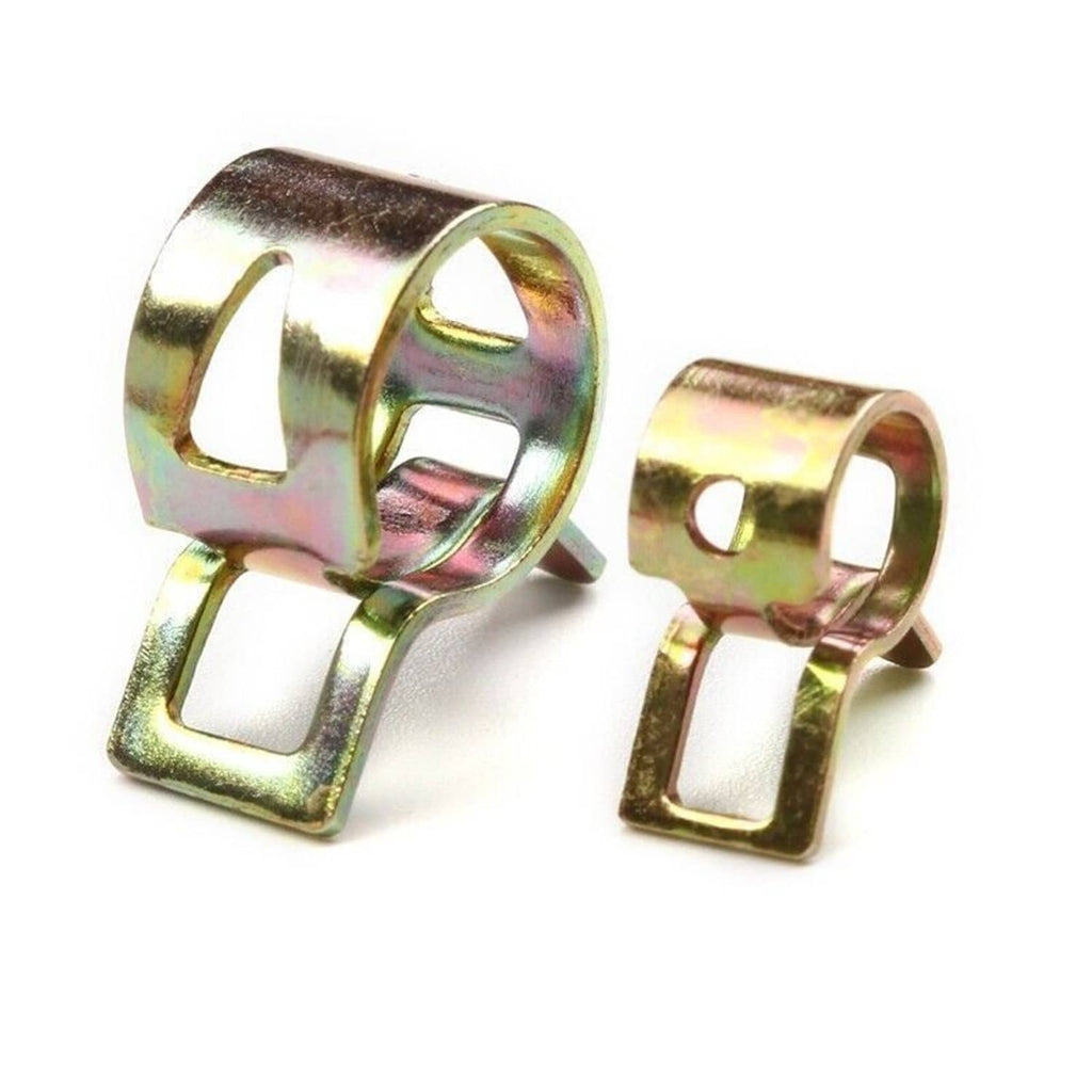 Pair of spring hose clamps with iridescent zinc-plated steel housings