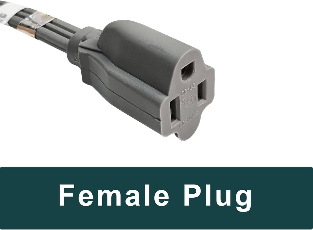 Gray female 3-prong receptacle end on heavy-duty extension cord