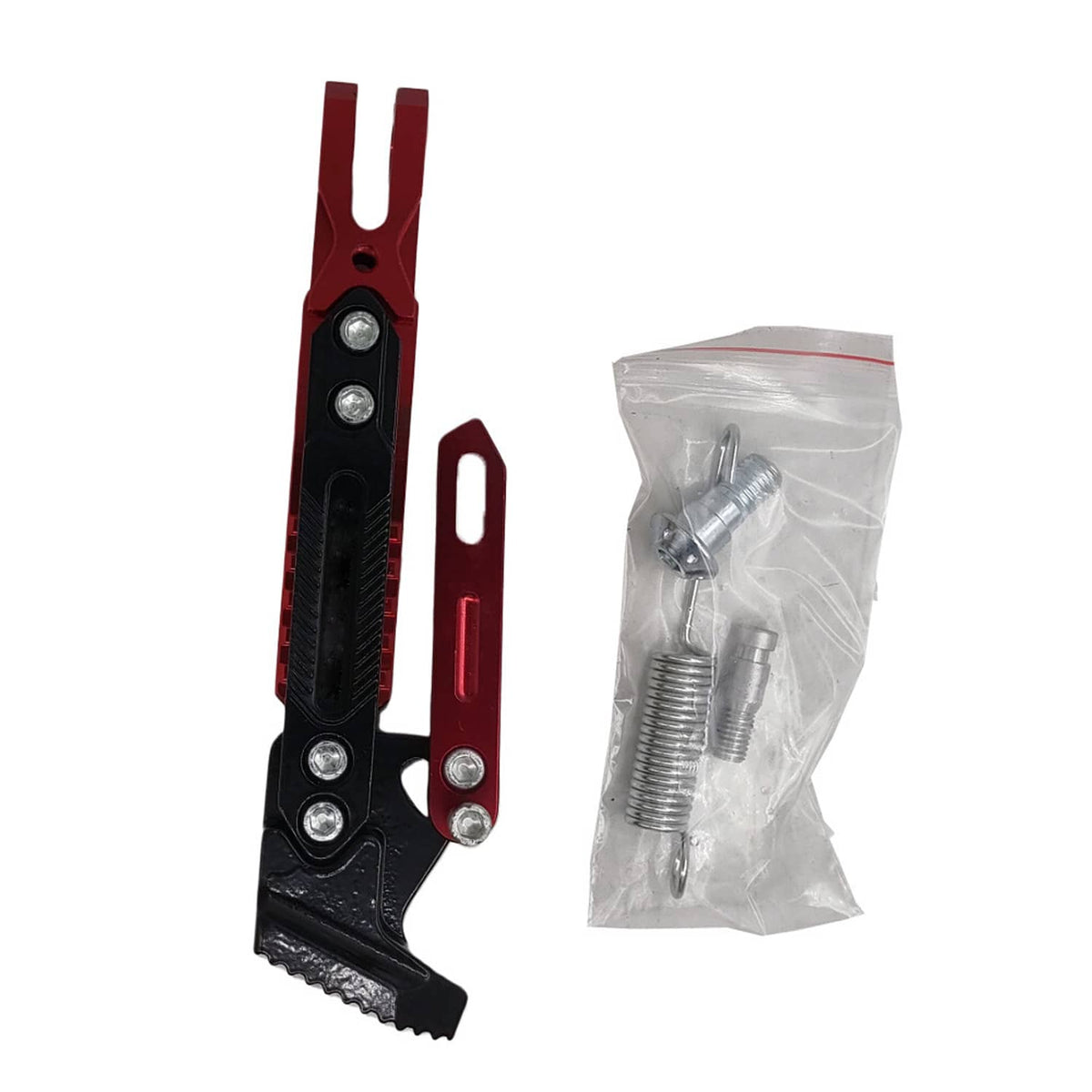 Red adjustable motorcycle kickstand holder bracket with mounting screws and hardware bag