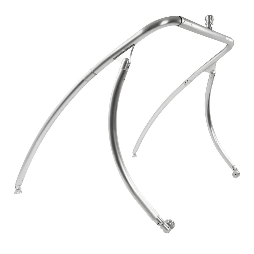 Silver aluminum wakeboard tower frame with arched sides and angled brace tubes