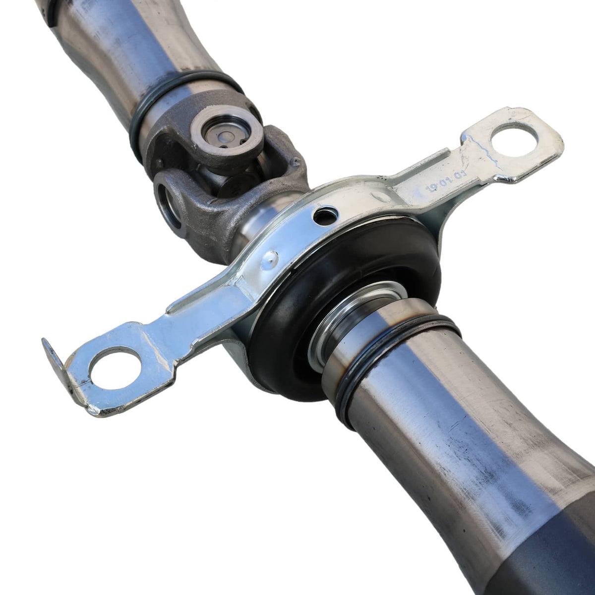 Rear driveshaft prop shaft joint with black boot and U-shaped mounting bracket