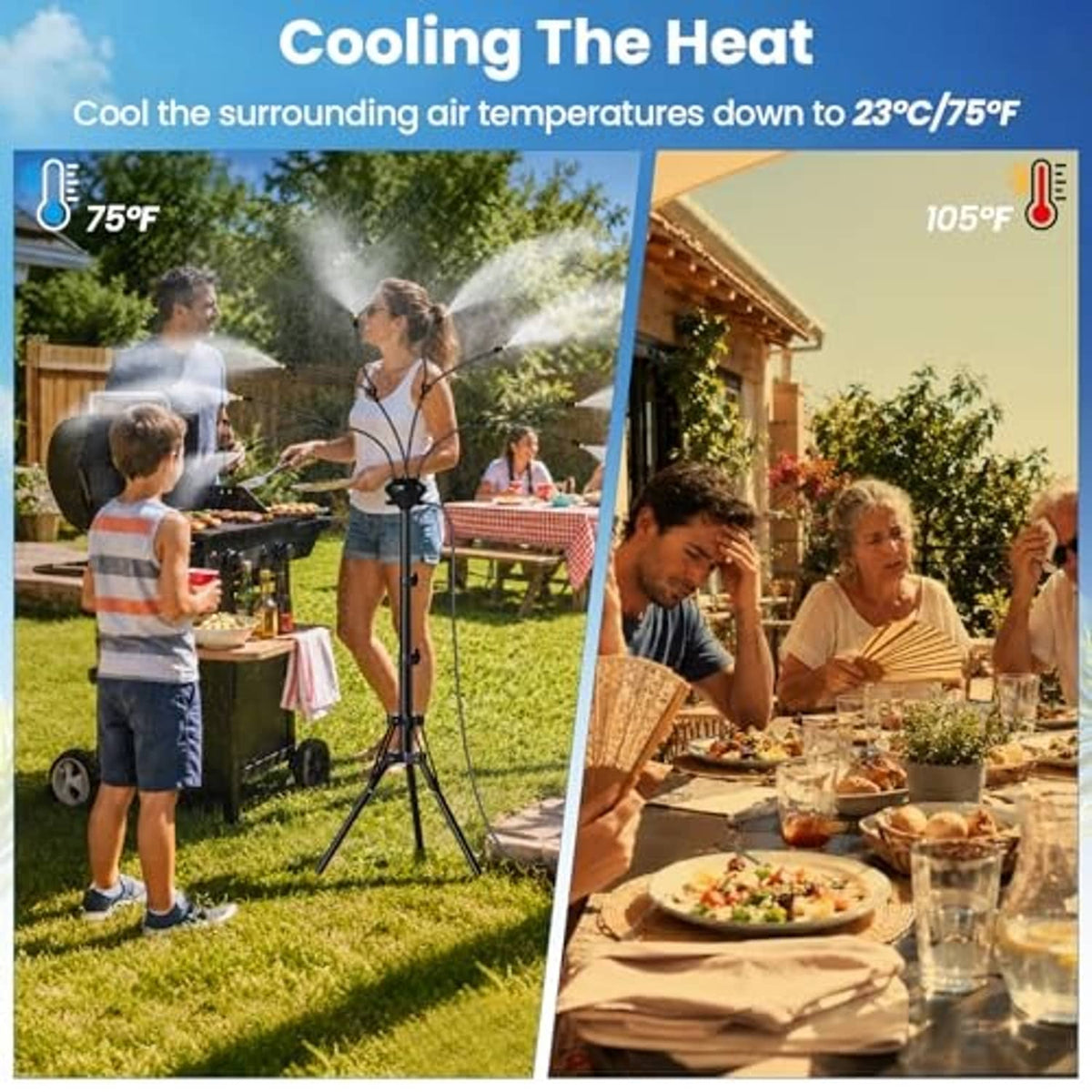Outdoor patio standing mister producing fine cooling mist from a tall tripod stand