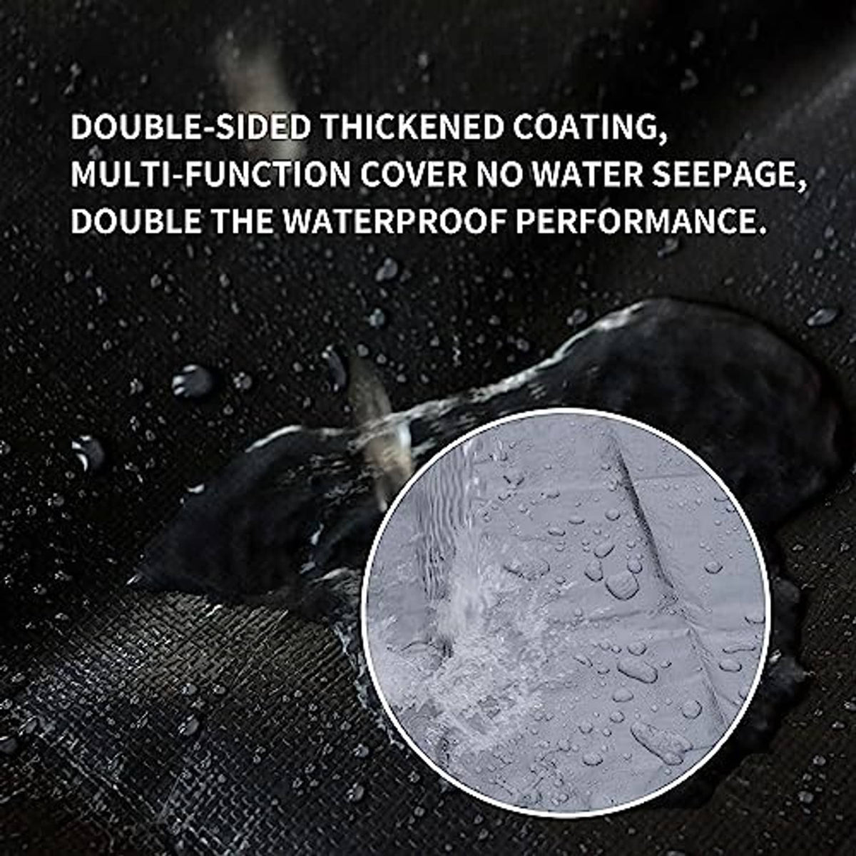 Black tarp surface close-up with water beading, thickened waterproof coating texture.