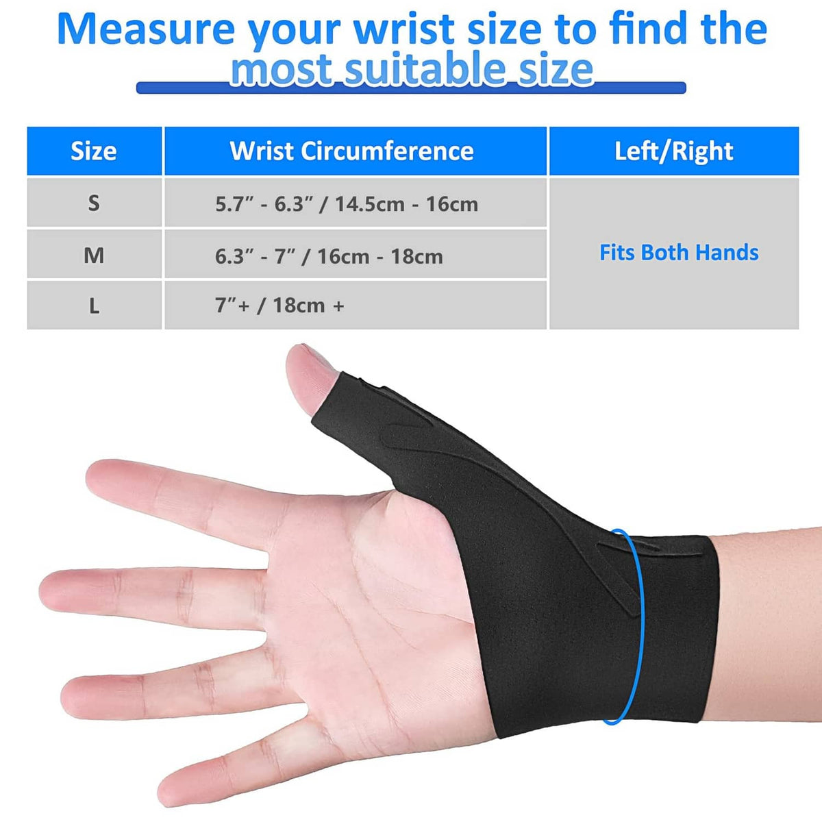 Black thumb wrist brace on hand with thumb stabilizing splint