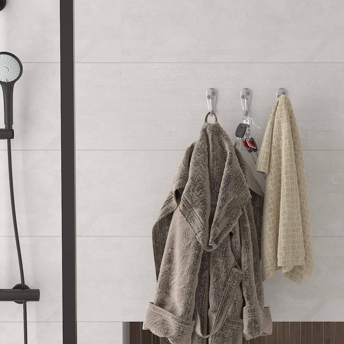 Wall-mounted single-prong coat hook set with hanging towels, silver finish