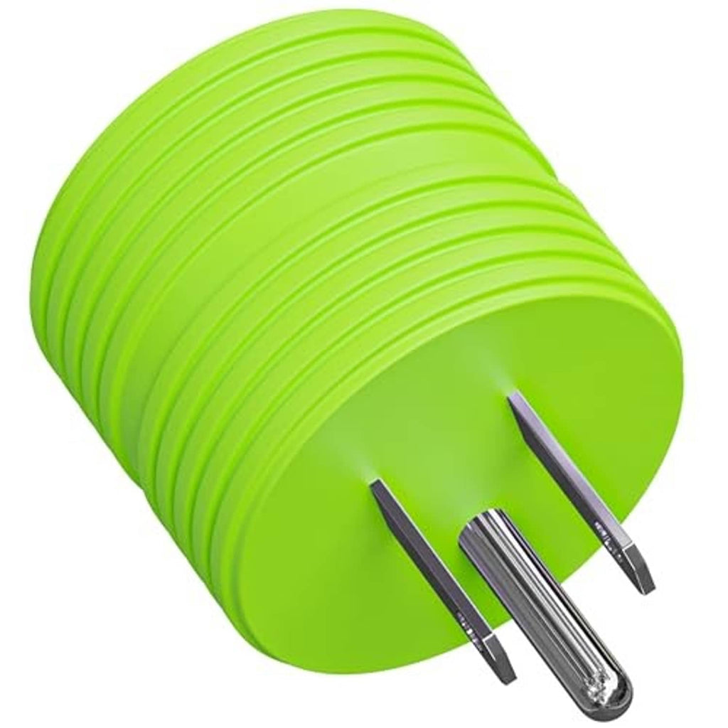 Green RV power adapter plug with three metal prongs on round end cap
