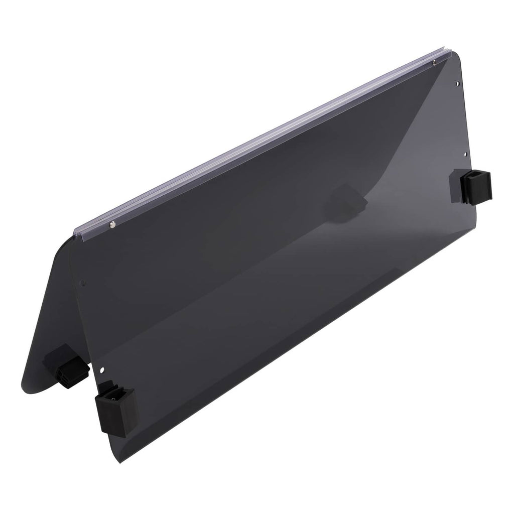 Tinted fold-down golf cart windshield with dark gray panels and side hinge bracket hardware