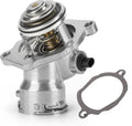 Engine coolant thermostat assembly with sensor, metal housing, spring valve, includes gasket