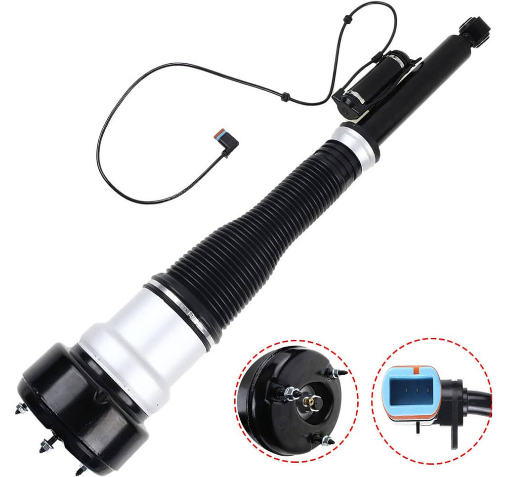 Rear left air suspension strut with electrical connector and wiring harness.