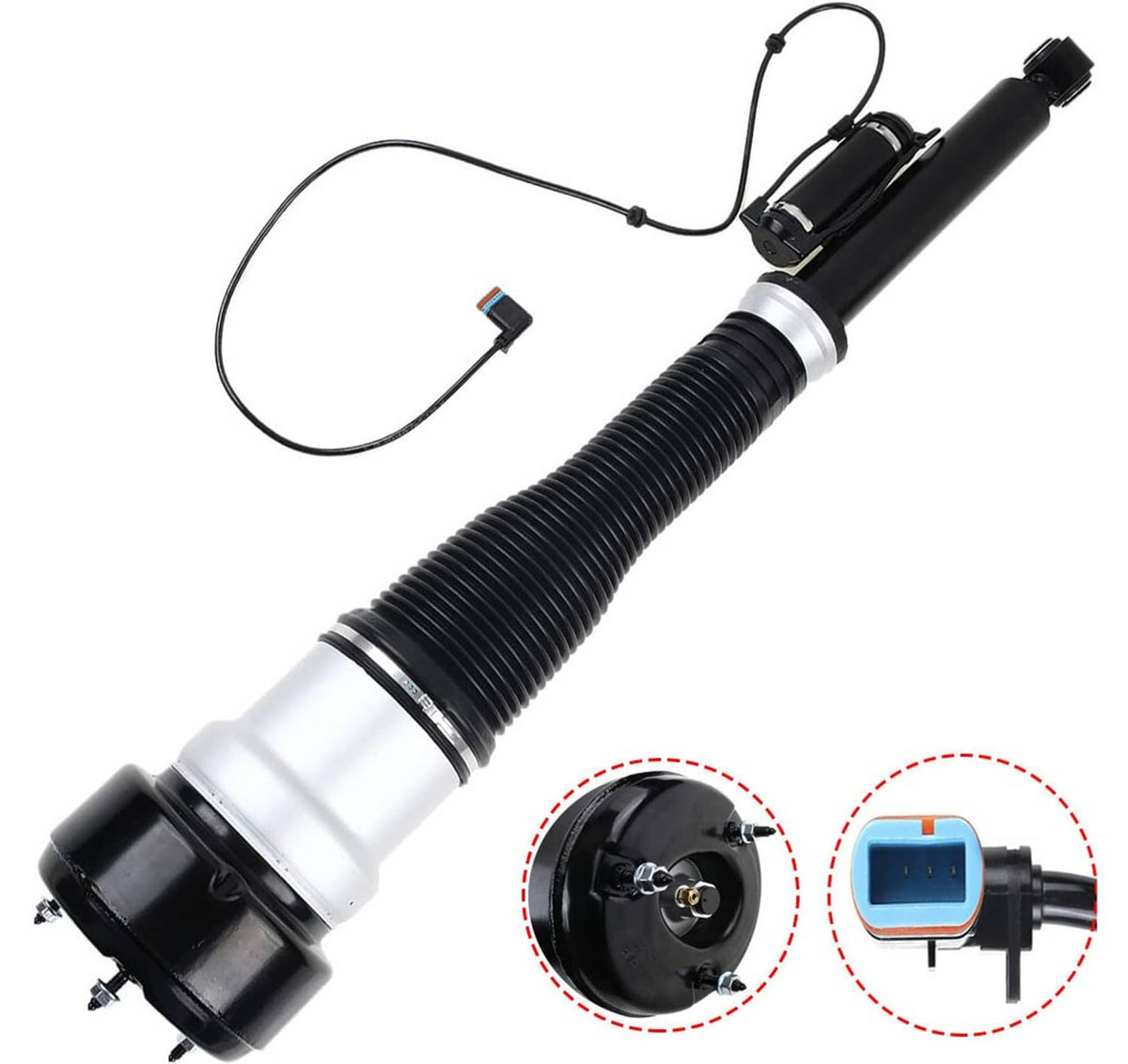 Rear left air suspension strut with electrical connector and wiring harness.