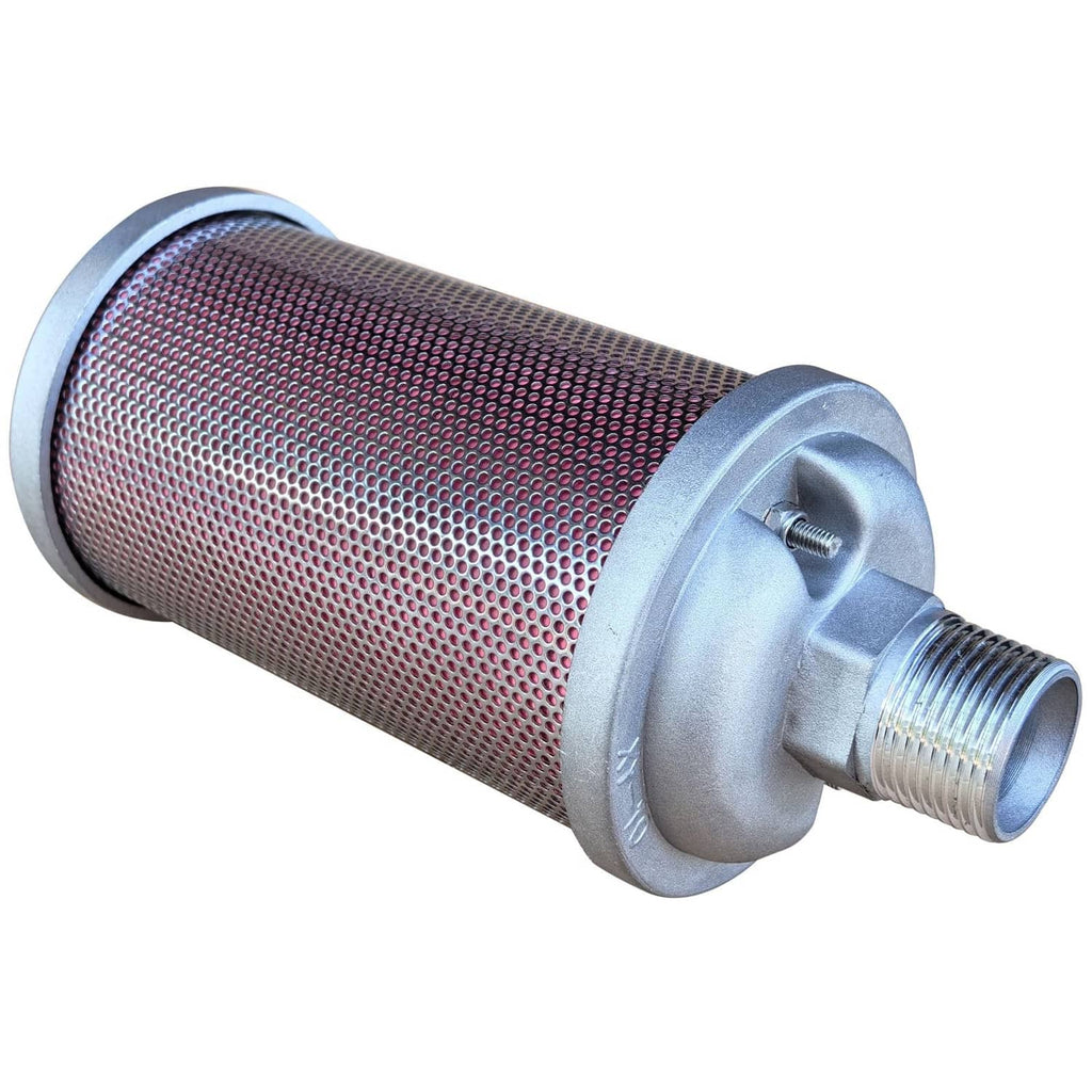 Red perforated mesh air muffler with silver end flange and threaded connection