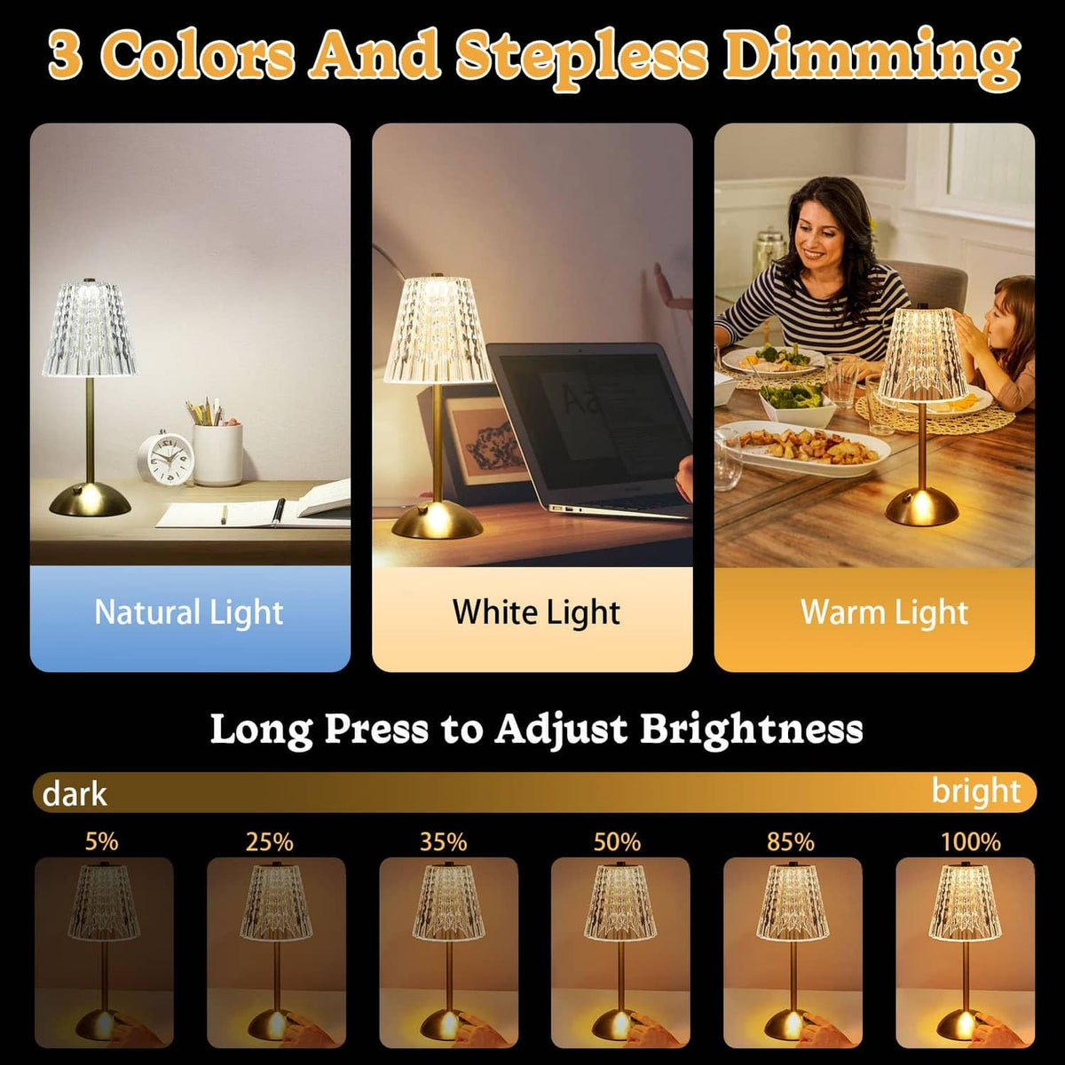 Cordless crystal table lamp set showing natural, white, and warm light options