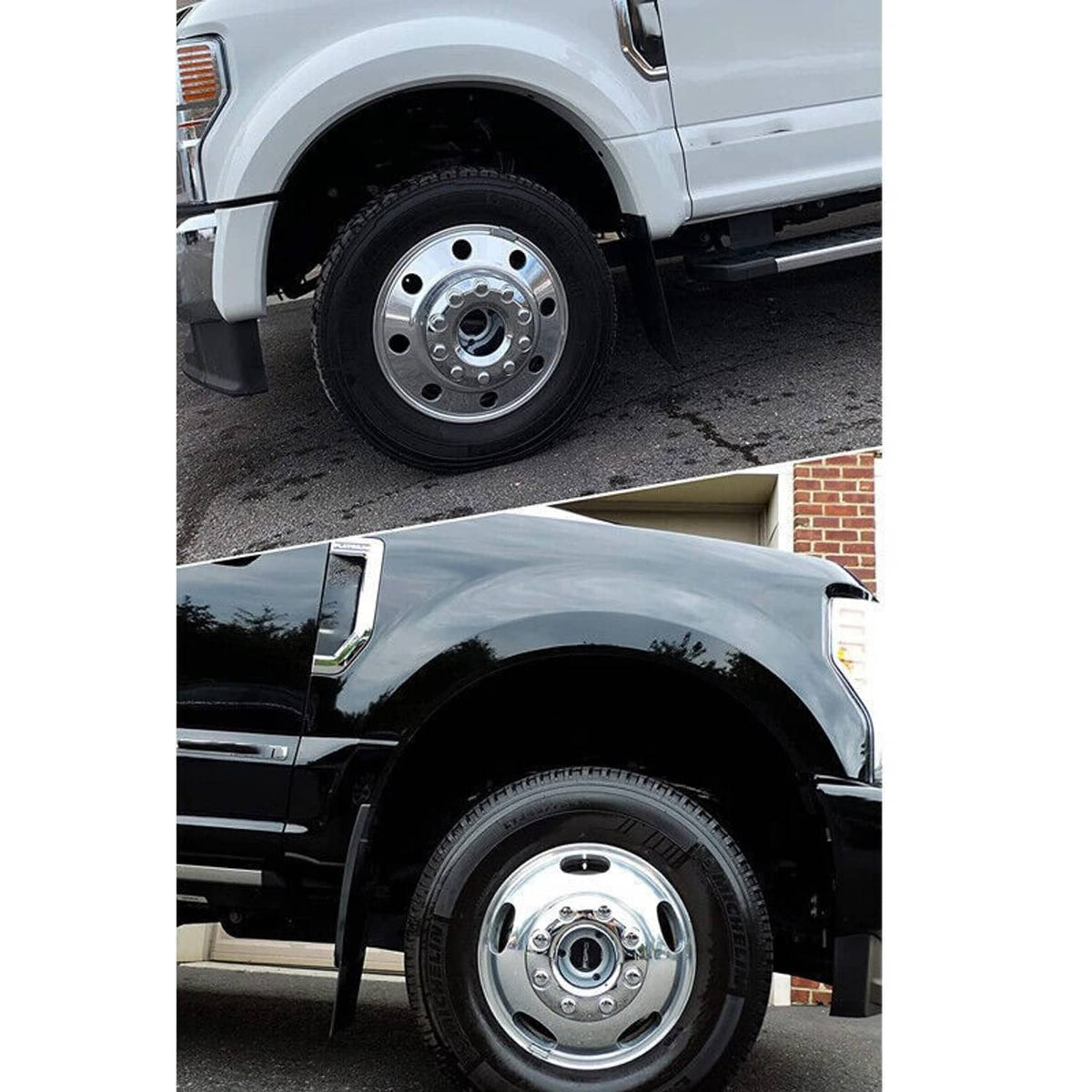 Chrome wheel center hub cap set installed on a dually truck wheel
