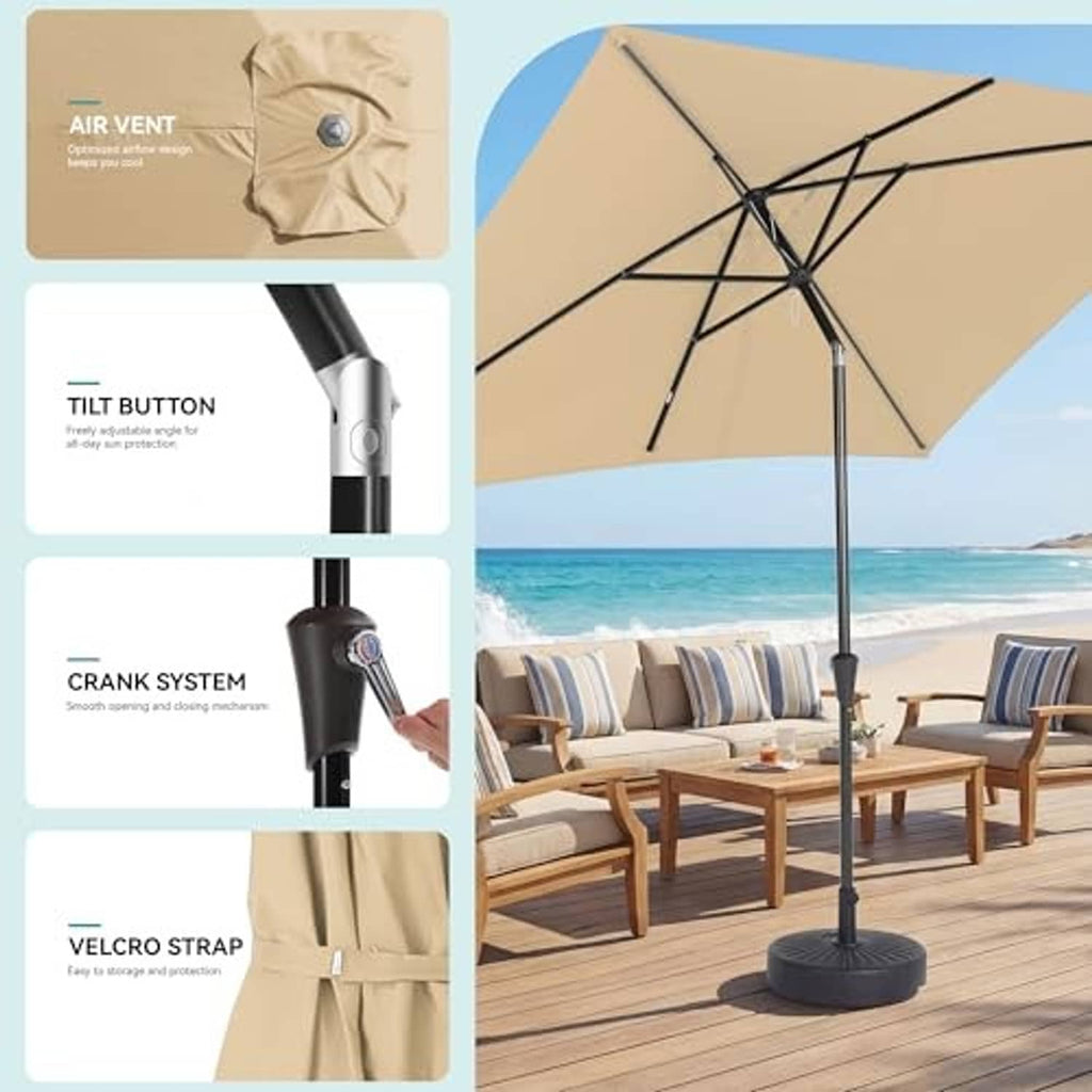 Beige patio umbrella with crank/tilt controls and canopy vent detail
