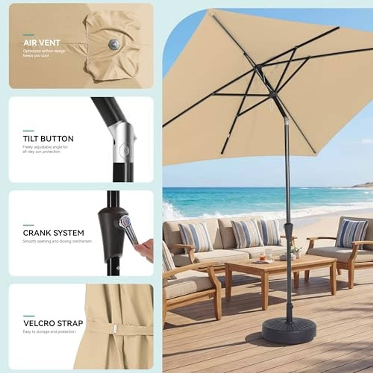 Beige patio umbrella with crank/tilt controls and canopy vent detail