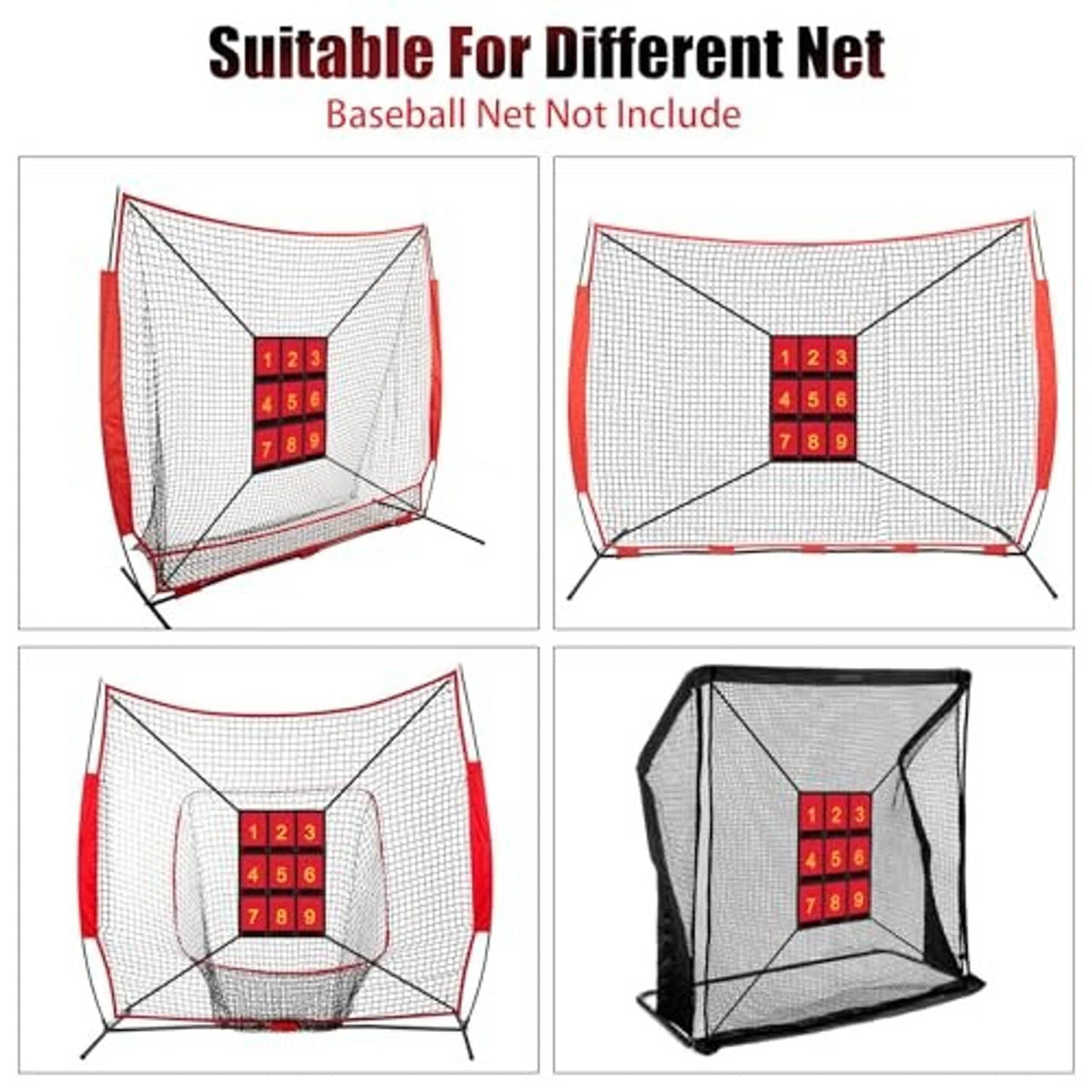 Numbered strike zone target net for different ball nets, with 1–9 red grid
