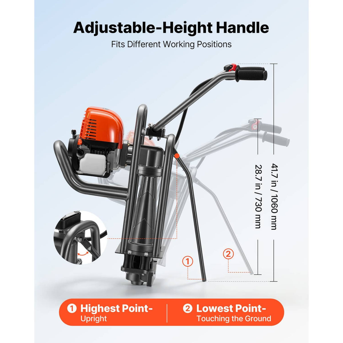 Gas-powered concrete screed machine with adjustable-height handle on tall steel frame