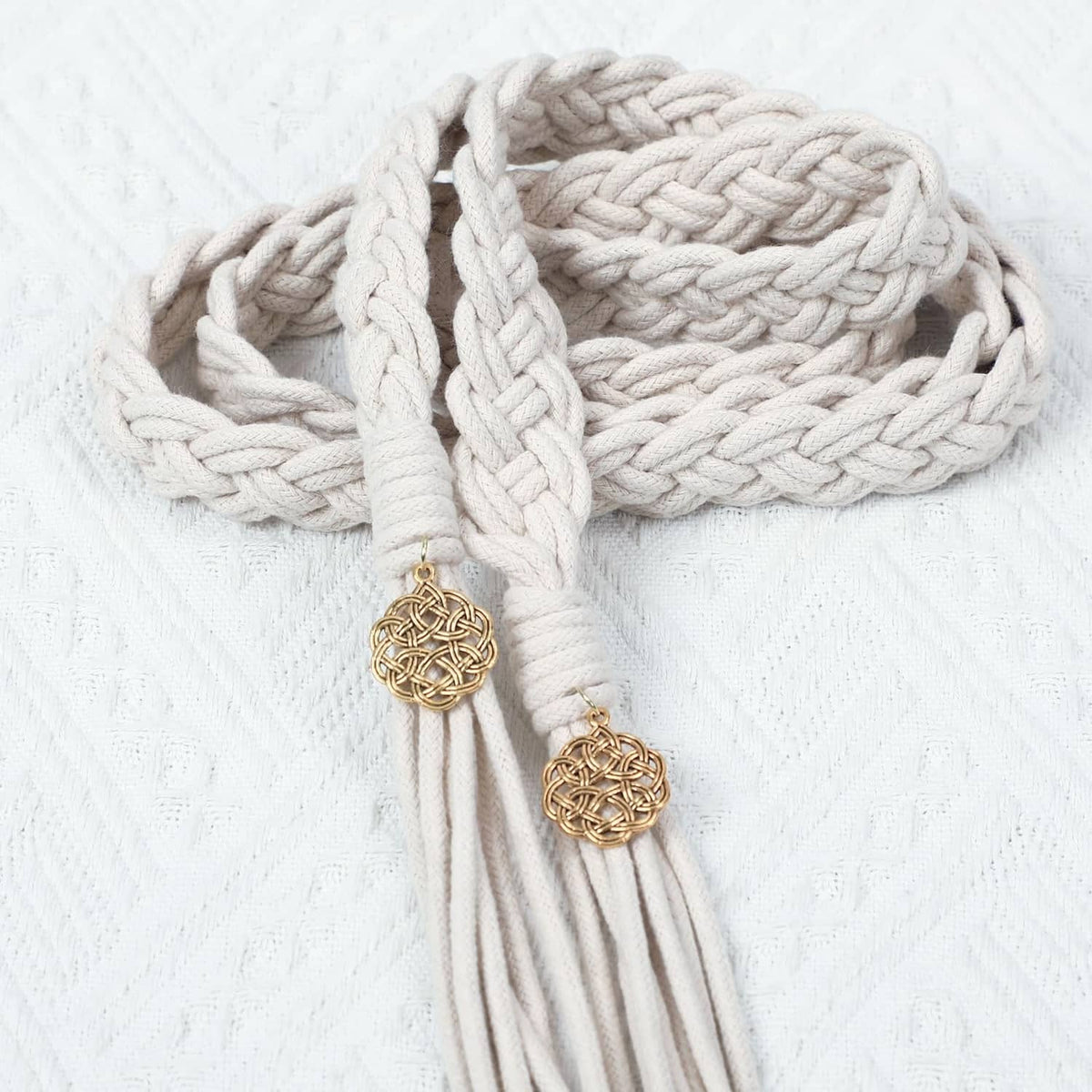 Ivory braided handfasting cord with gold celtic-style charm tassels