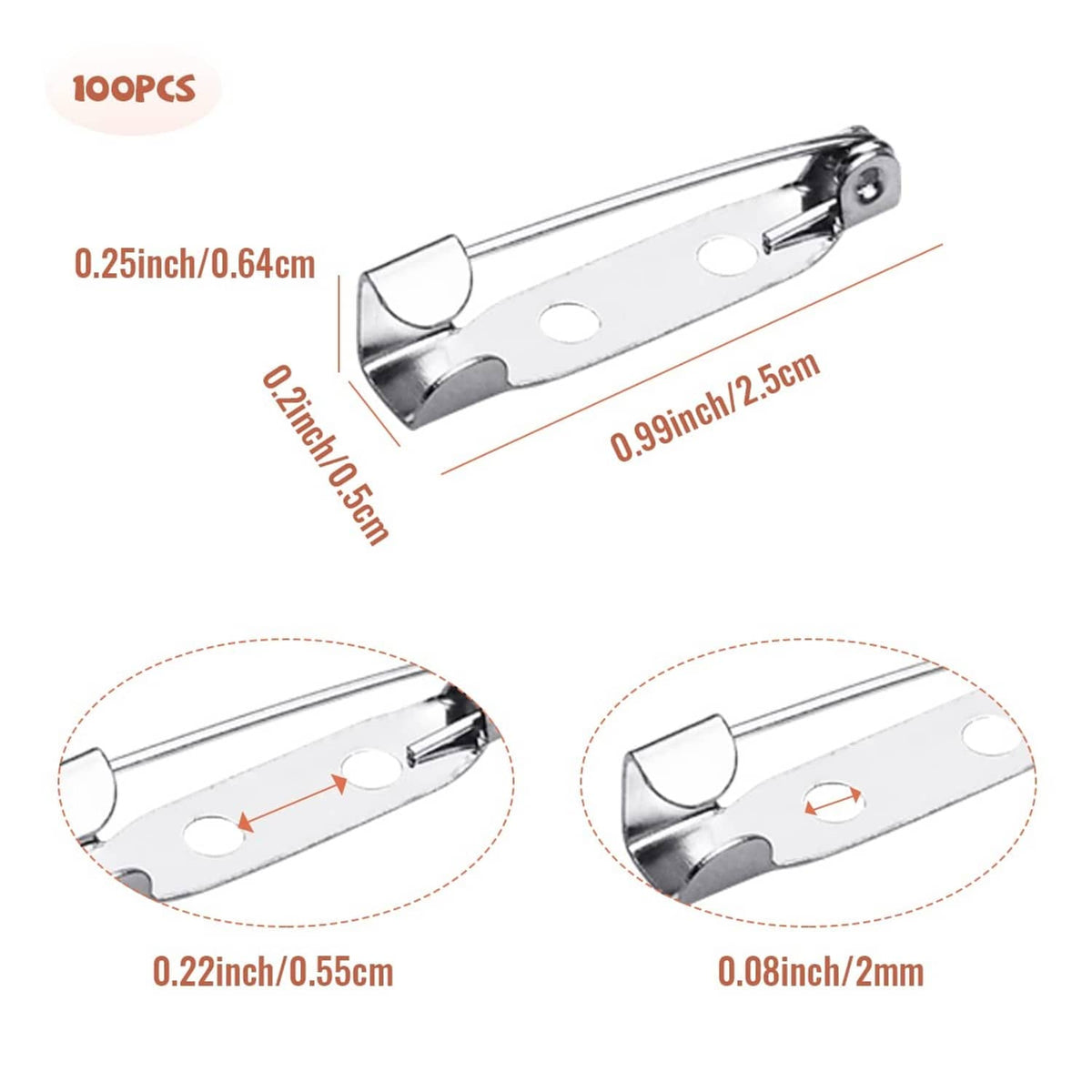Silver bar pin brooch clasp with safety hinge and round holes; length markings