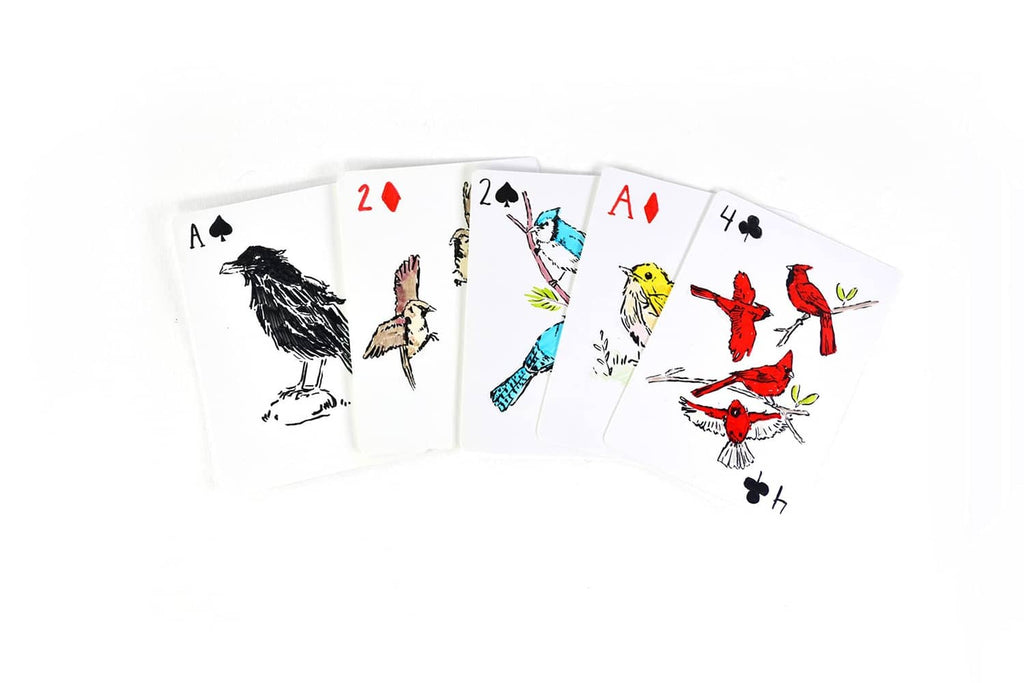 Fan of playing cards with colorful bird and cat illustrations on faces
