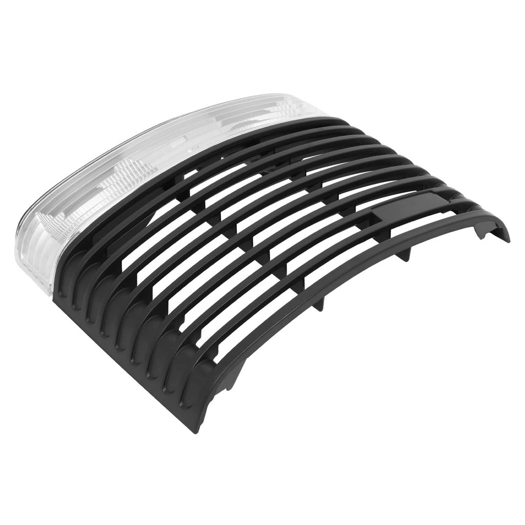 Front hood grille with headlight lens, curved black slats and clear lens