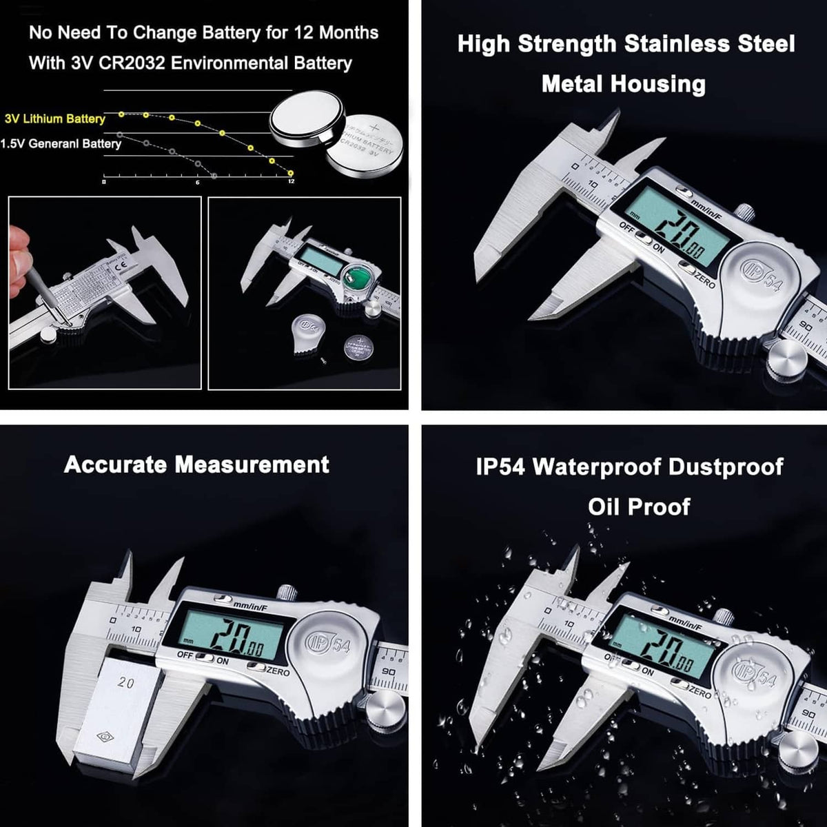 Digital caliper with LCD display and stainless steel housing, waterproof dustproof style