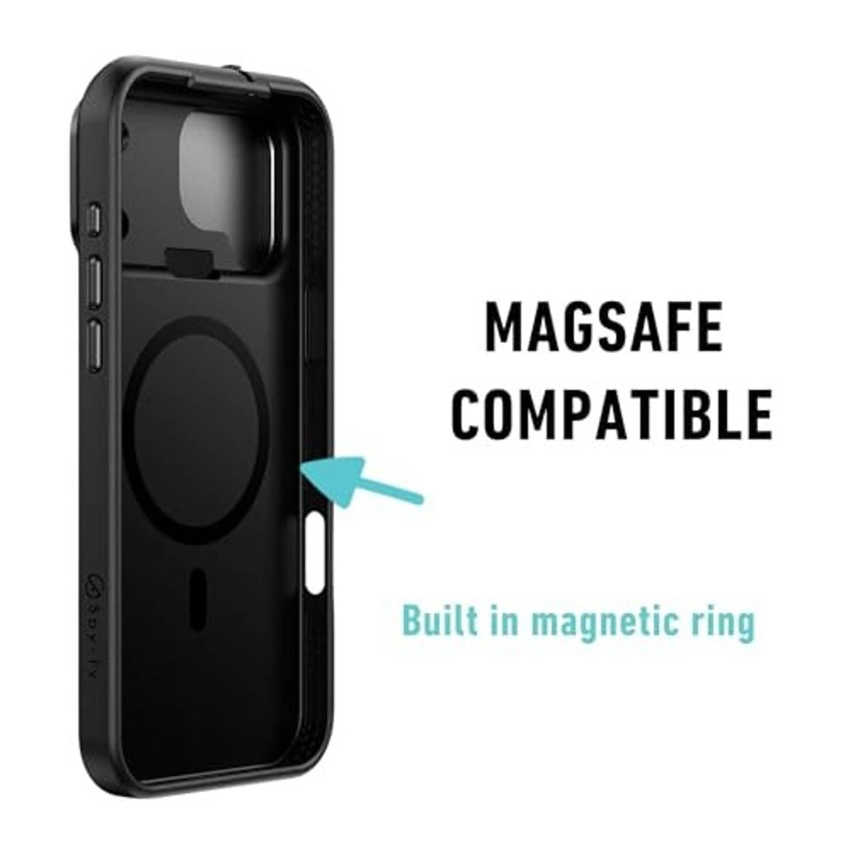 Black iPhone privacy case side view with built-in magnetic ring for MagSafe