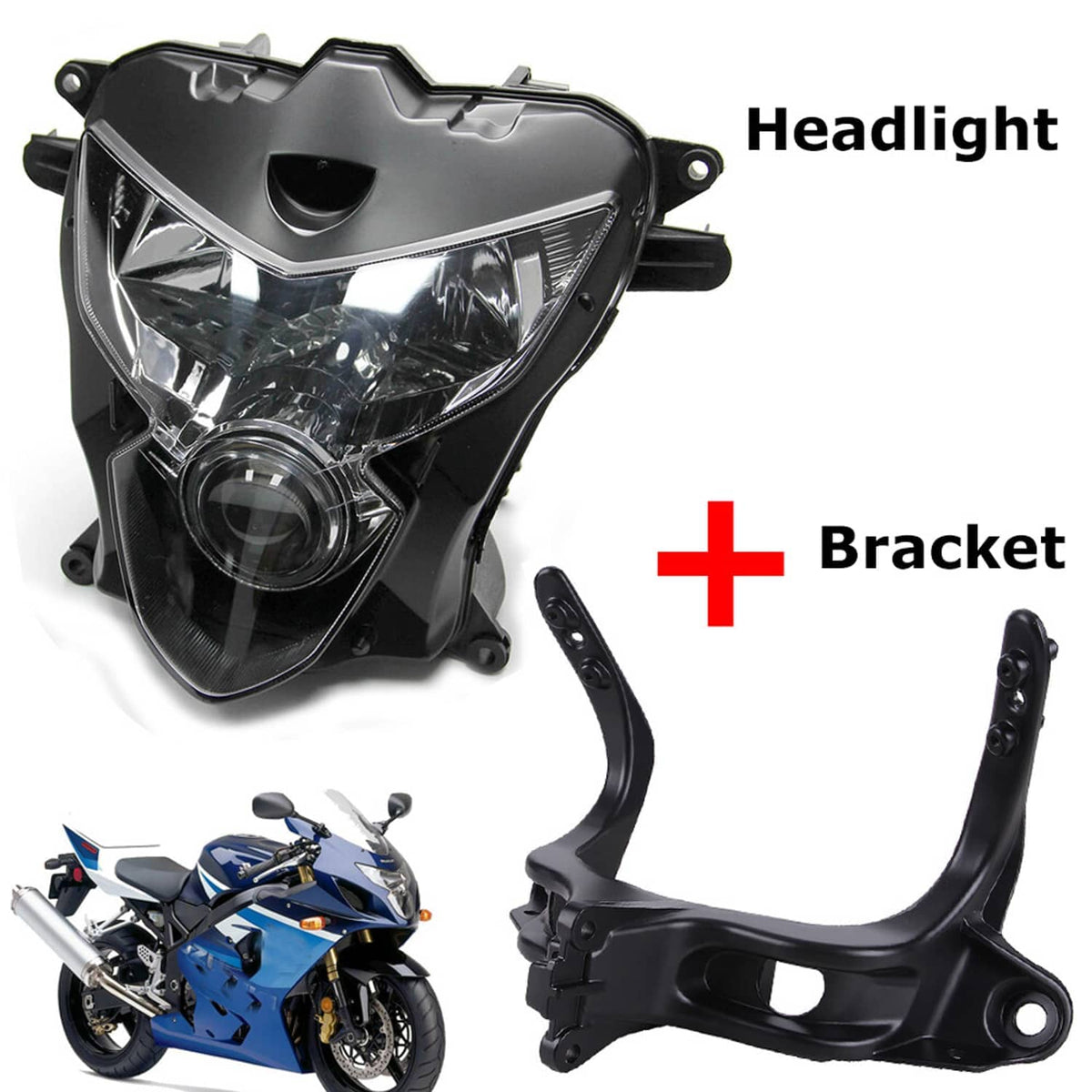 Motorcycle headlight assembly with black upper fairing stay bracket, clear lens