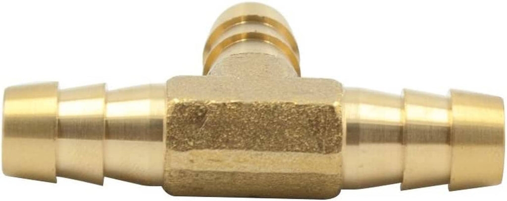 Brass three-way hose tee fitting close-up across the barbed connector