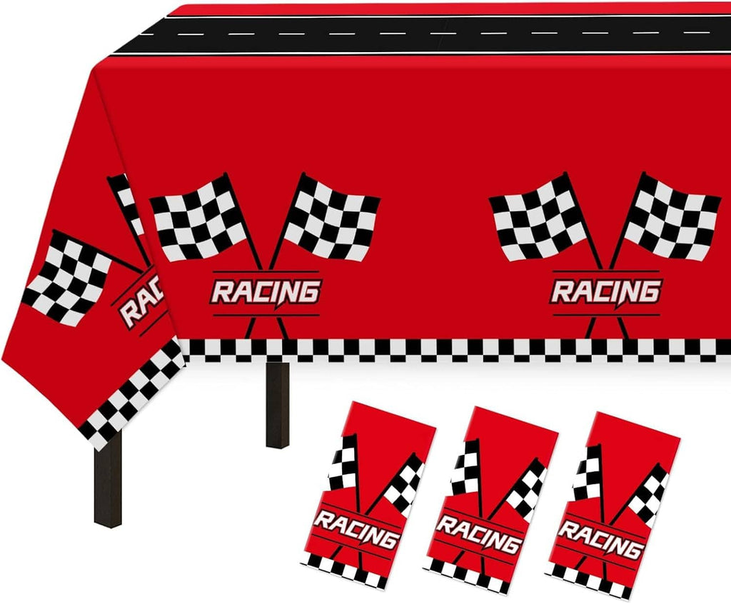 Racing car tablecloth for table with red surface and checkered flag motif