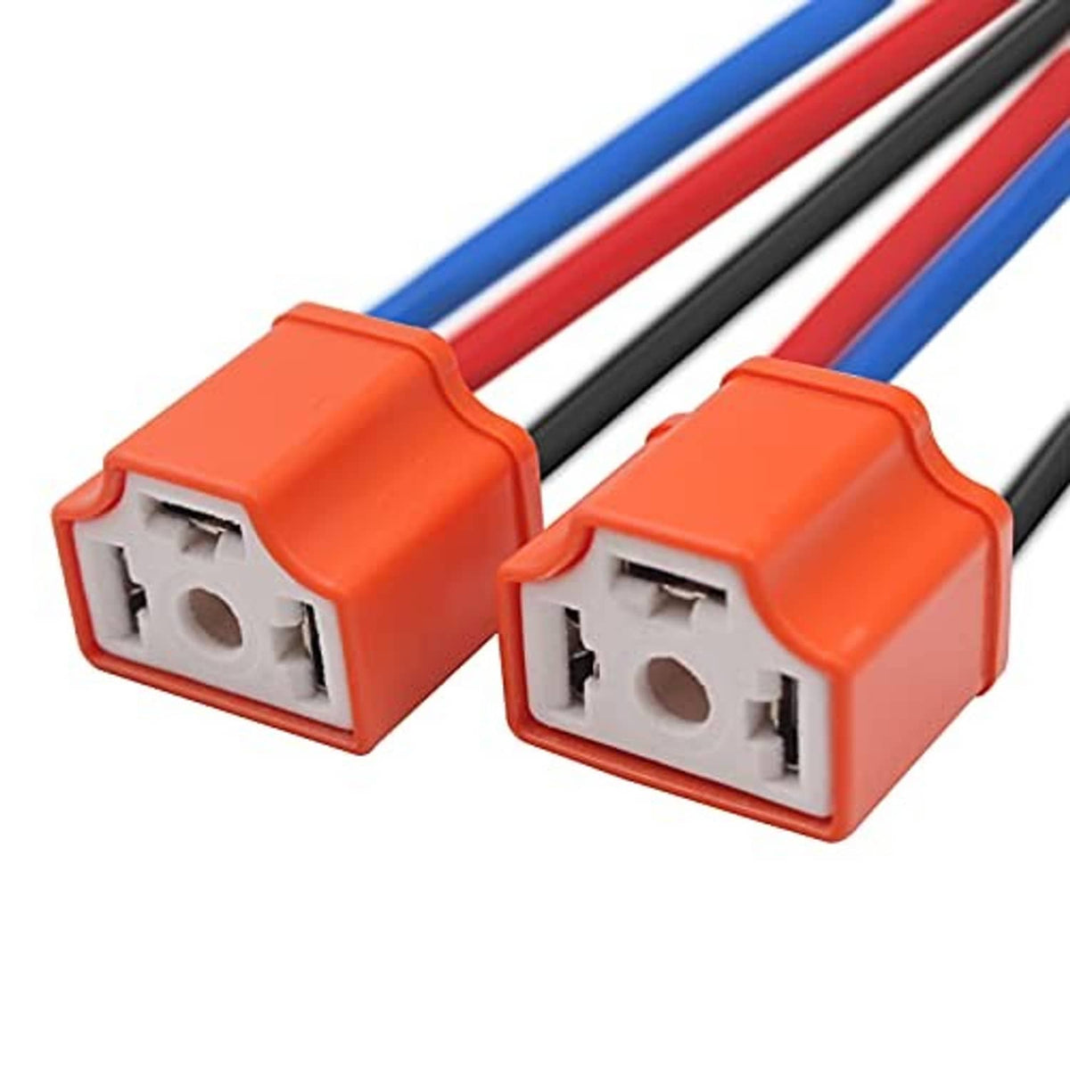 Two H4 female connector pigtails with orange housings and wire leads, four-pin sockets
