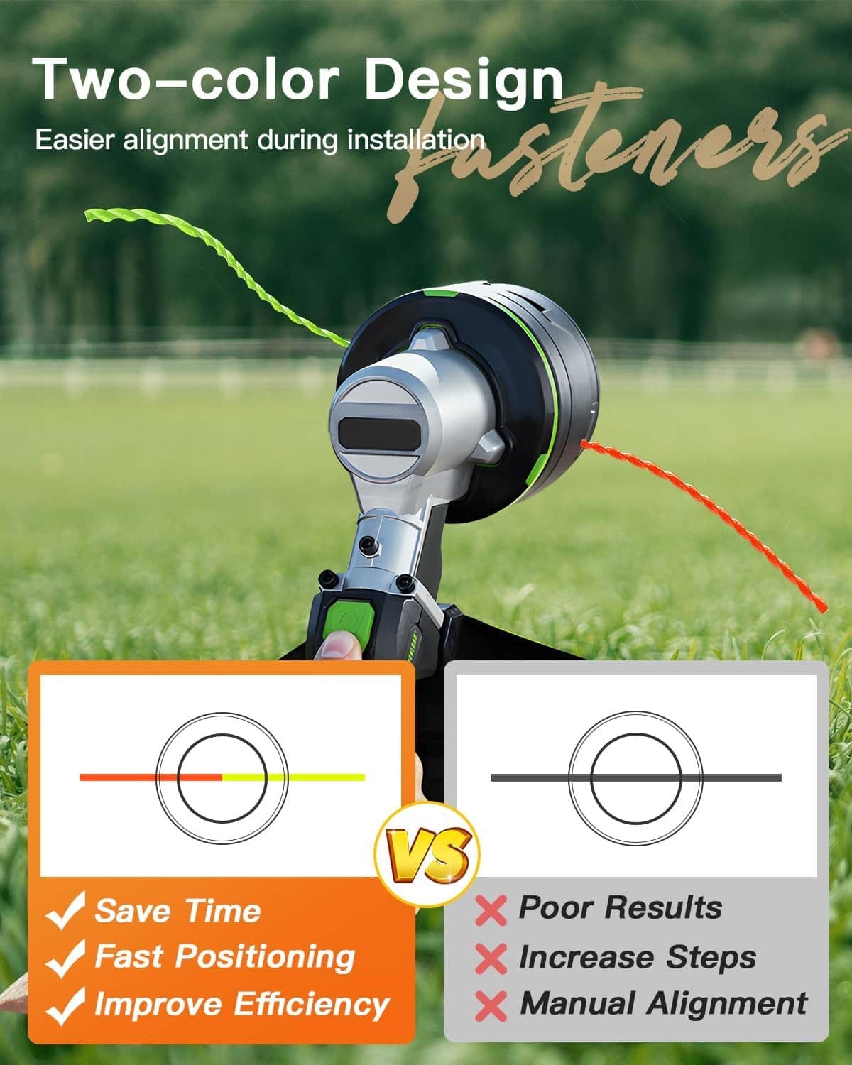 Two-color twisted trimmer line strands with improved alignment during installation