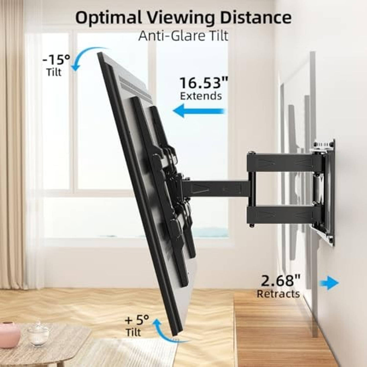 TV wall mount with anti-glare tilt and retracting arms extended from wall plate