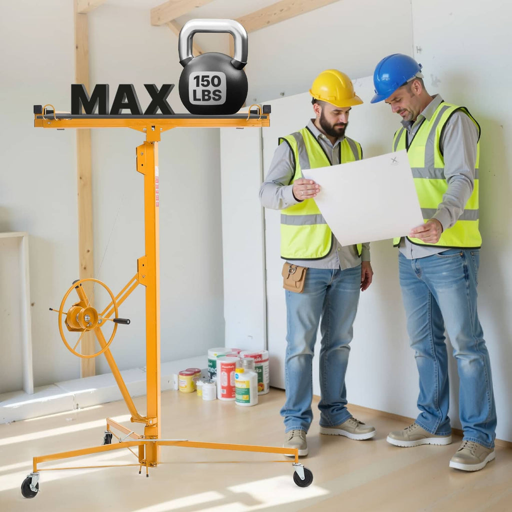 Orange drywall hoist with winch and four casters, supporting a panel; 150 lbs capacity.